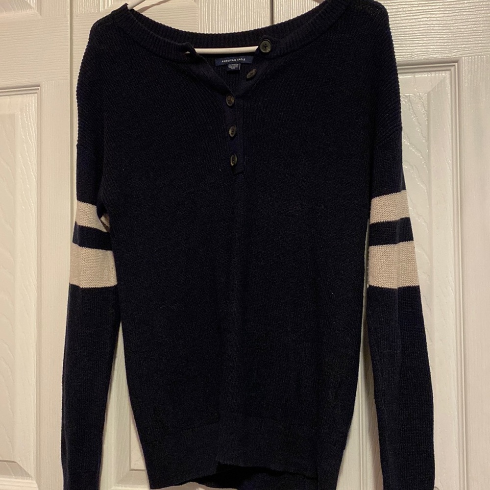 American Eagle Women Navy Varsity Stripe Henley Pullover Sweater